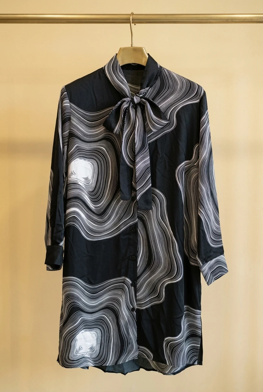 شومیز زنانه مشکی طرح موجی با یقه پاپیونی – Black Wave‑Print Bow‑Tie Blouse توضیح کوتاه سئو