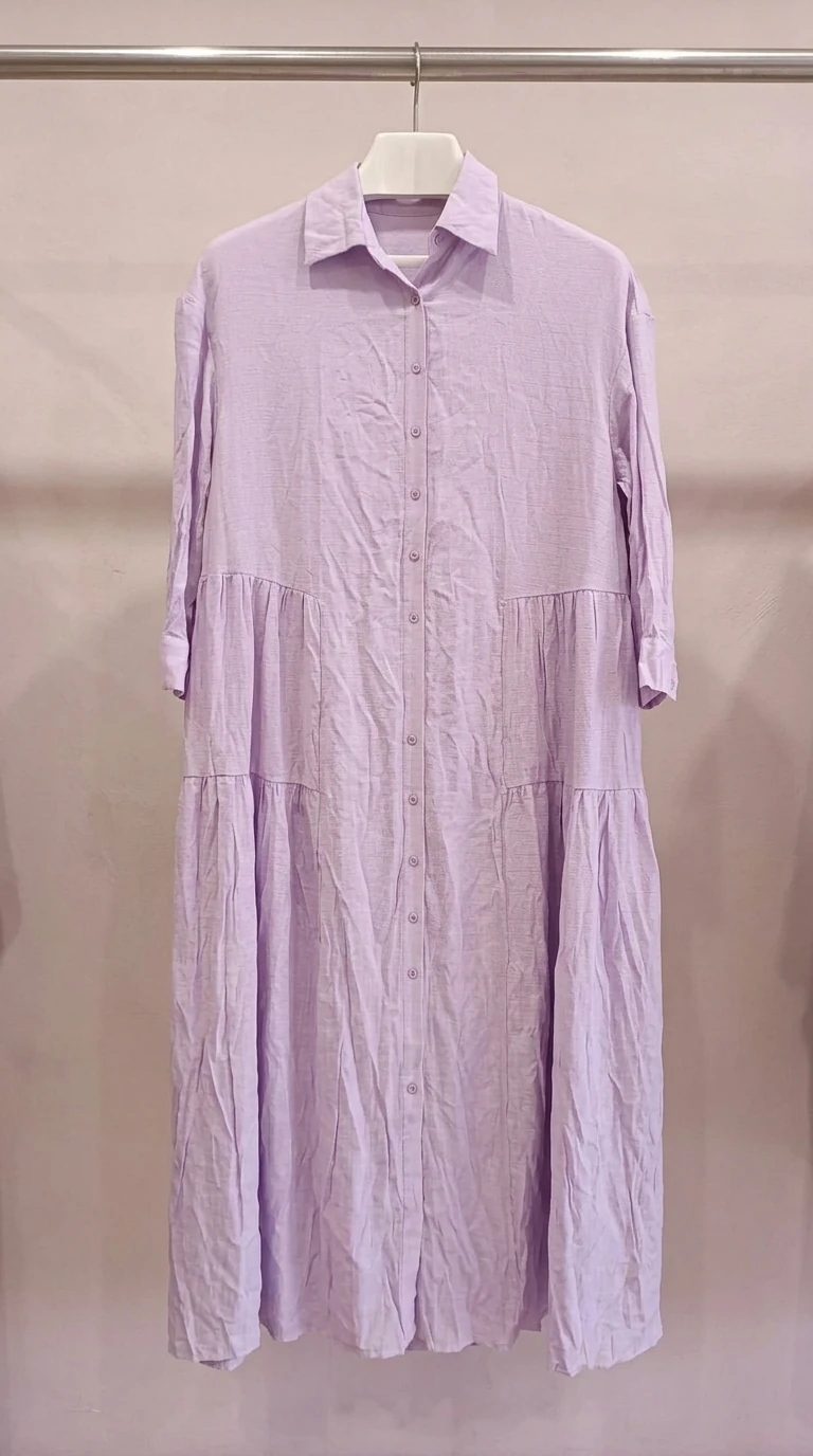 تونیک/پیراهن زنانه یاسی روشن دکمه‌دار – Light Lilac Button‑Down Tiered Dress
