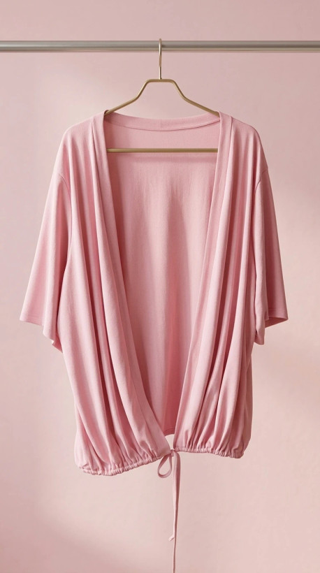 شومیز/کیفتاپ زنانه صورتی روشن با یقه باز و بند قابل تنظیم (Light Pink Draped Front‑Tie Blouse/Cardigan Top)