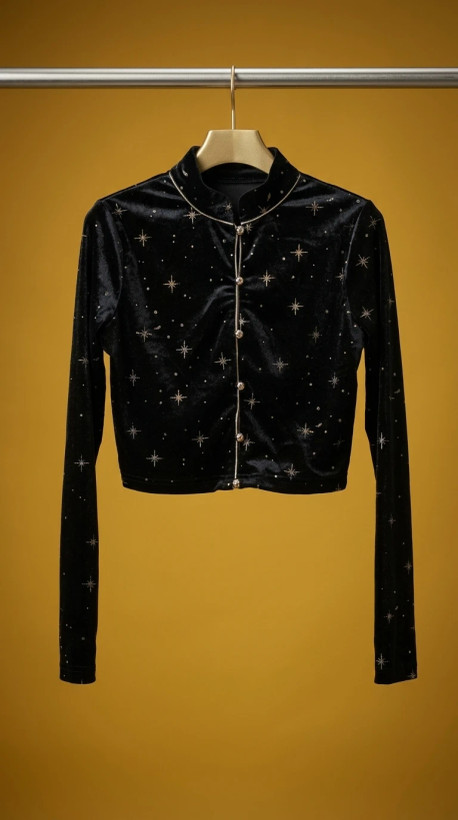 بلوز مخملی مشکی طرح ستاره – Black Velvet Star‑Embellished Cropped Top