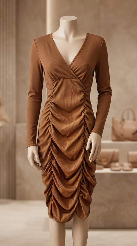 پیراهن کوتاه زنانه قهوهای با چینهای عمودی – Brown Ruched Bodycon Mini Dress