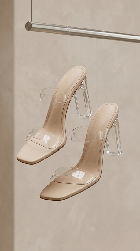 کفش پاشنهبلند شفاف کرمی – Beige Clear-Strap Block-Heel Mules