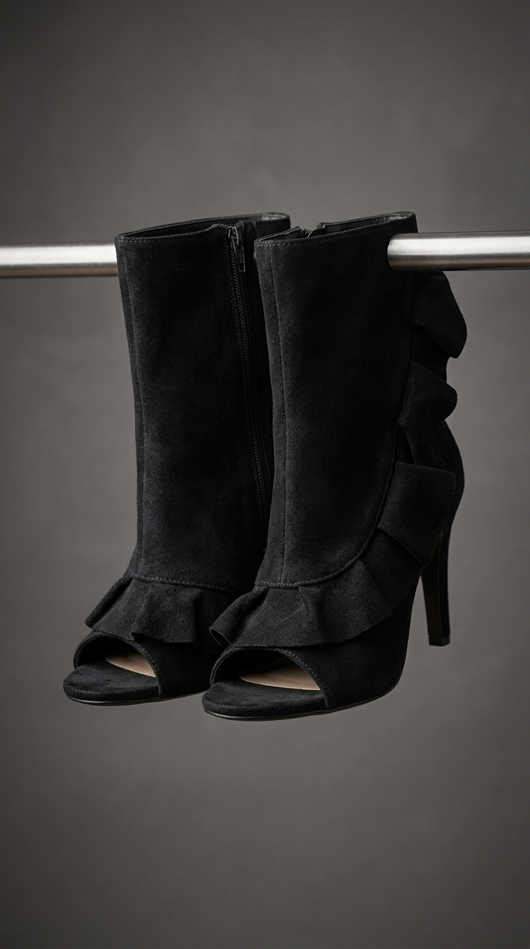 نیمبوت پاشنهدار مشکی جیر با چین پایین – Black Suede Ruffle Peep-Toe Ankle Boots