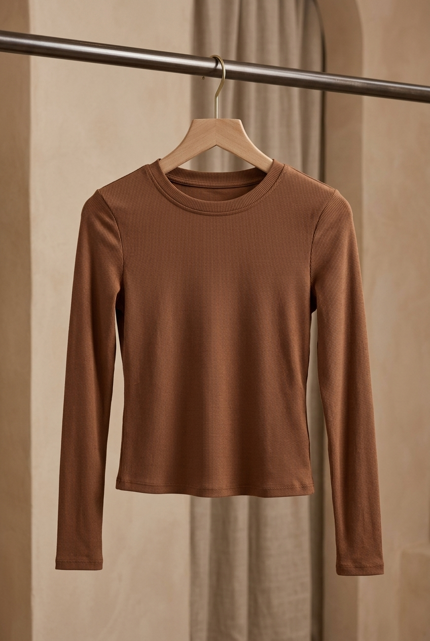 بلوز آستین بلند کشی زنانه قهوهای آجری کبریتی – Brown Ribbed Long‑Sleeve Crewneck Top