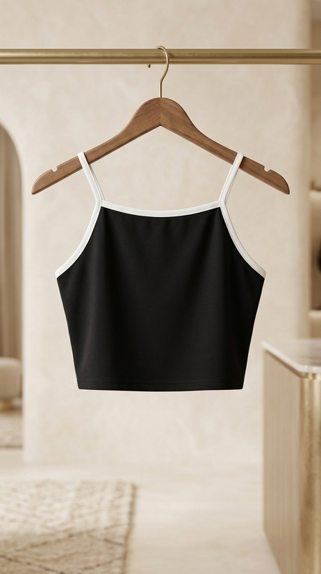 تاپ کراپ بندی مشکی با لبهدوزی کنتراست – Black Contrast Trim Cami Crop Top