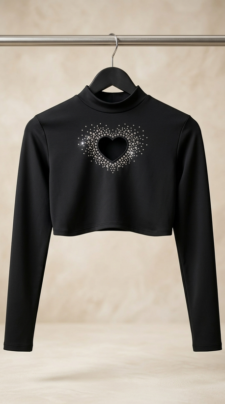بلوز کراپ آستینبلند مشکی با طرح قلب نگیندار – Black Rhinestone Heart Cutout Mock Neck Crop Top