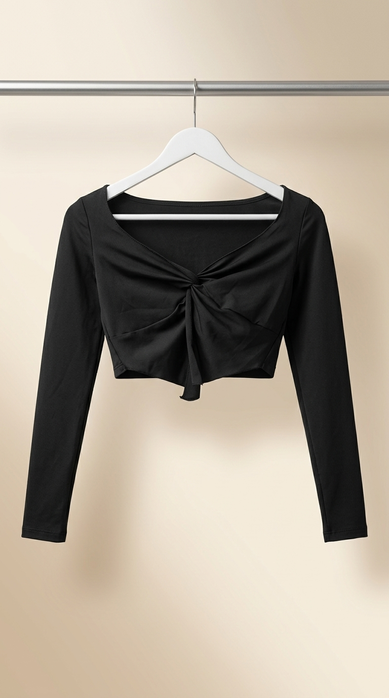 کراپ تاپ مشکی آستین‌بلند با گره مرکزی Black Twisted Front Long‑Sleeve Crop Top