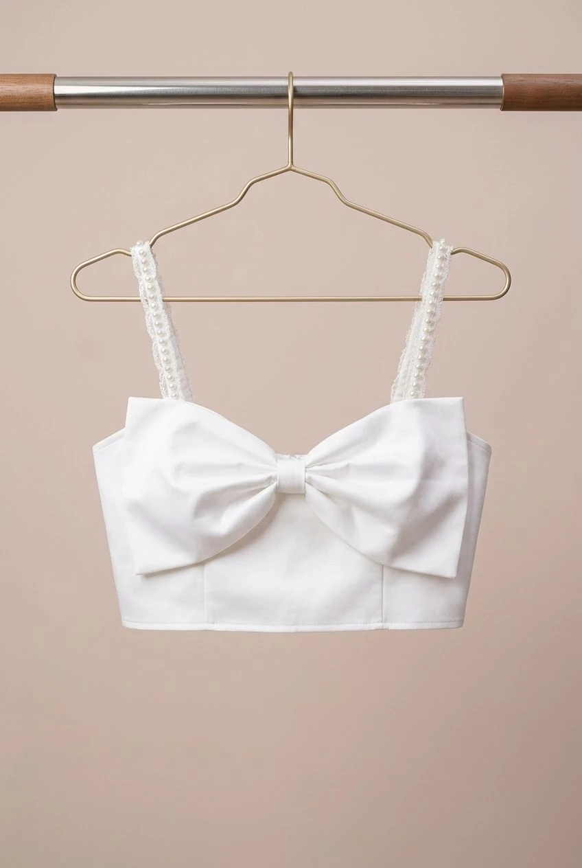 کراپ تاپ سفید پاپیونی بند مرواریدی White Bow Front Crop Top with Pearl Straps