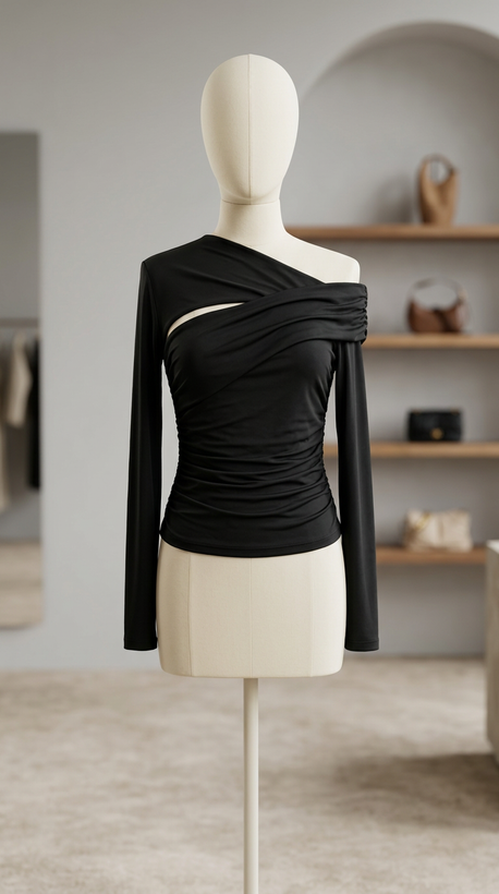بلوز مشکی یقه نامتقارن کاتاوتدار – Black Asymmetrical Cut-Out Long-Sleeve Top