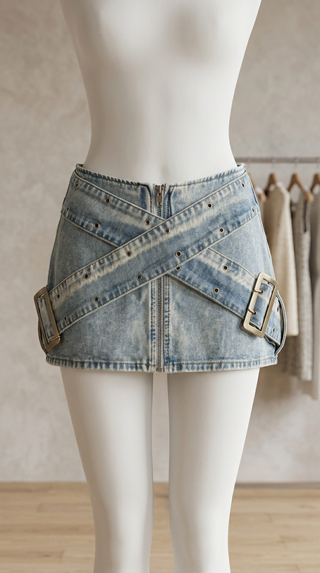 دامن مینی جین با طراحی ضربدری و سگک – Denim Buckle Mini Skirt
