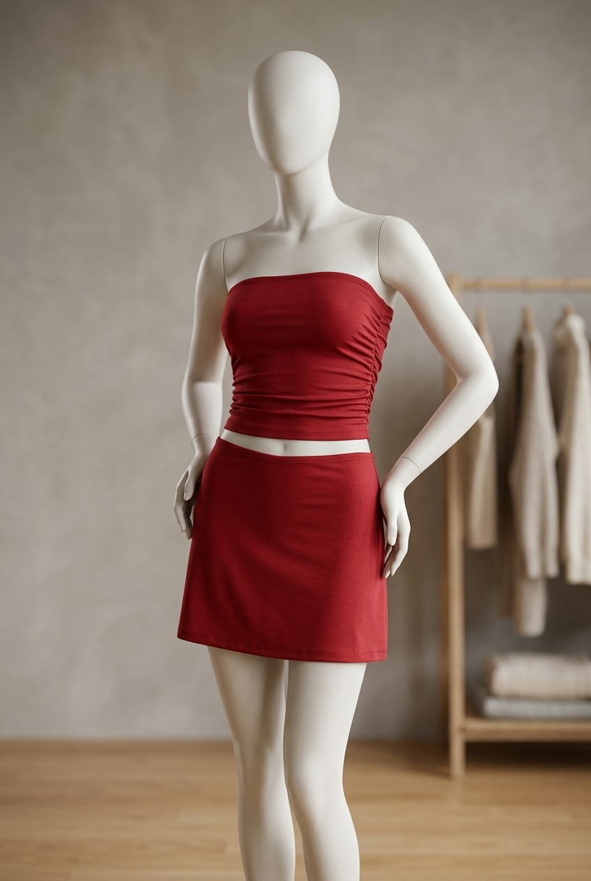 ست کراپ تاپ دکلته و دامن کوتاه قرمز – Red Tube Top and Mini Skirt Set