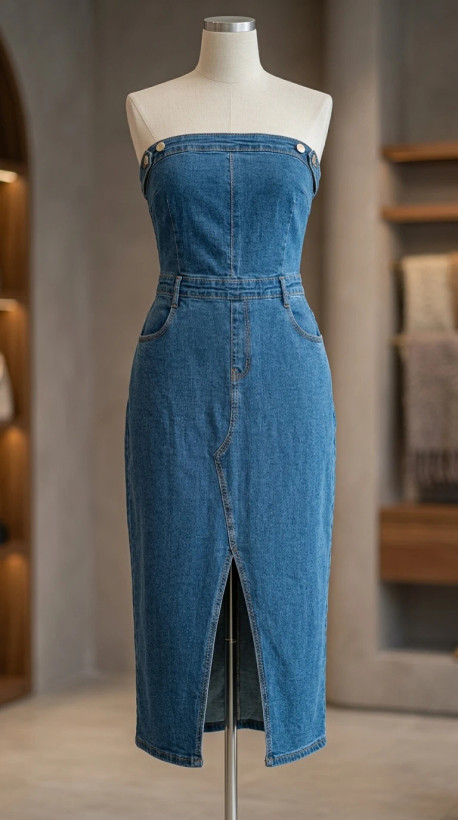 سارافون جین میدی چاکدار – Denim Strapless Midi Dress