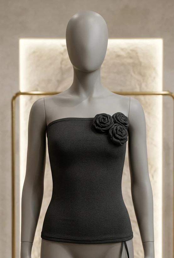 کراپ تاپ دکلته مشکی با دیزاین گل (Black Floral Detail Tube Top)