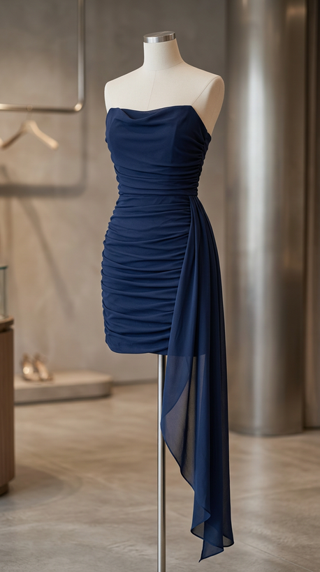 پیراهن کوتاه دکلته لاجوردی با دنباله حریر (Navy Blue Ruched Draped Mini Dress)