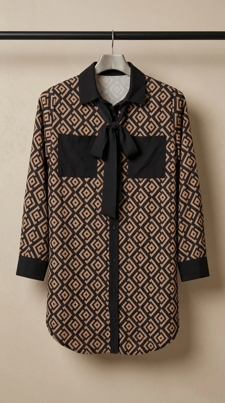 تونیک زنانه طرح‌دار یقه کراواتی (Geometric Print Bow-Tie Tunic