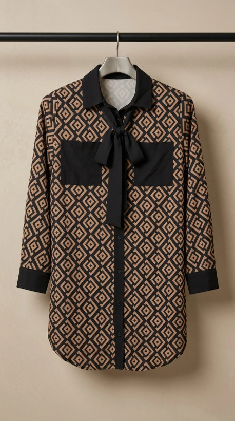 تونیک زنانه طرحدار یقه کراواتی (Geometric Print Bow-Tie Tunic