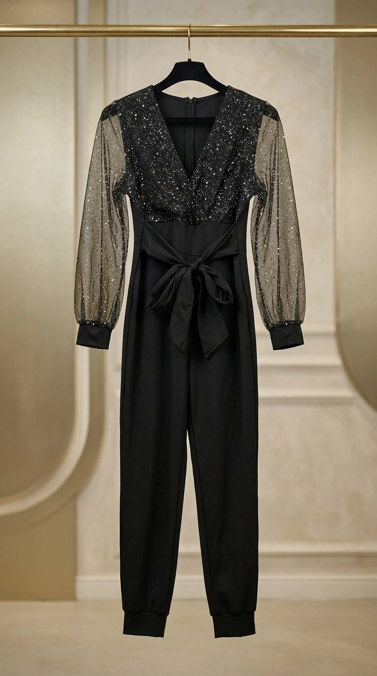 سرهمی مجلسی مشکی با آستین‌های حریر اکلیلی (Black Glittery Jumpsuit)