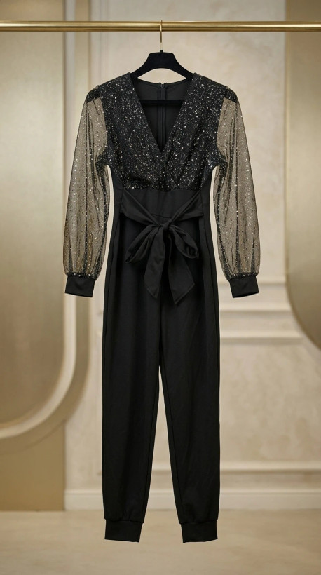 سرهمی مجلسی مشکی با آستینهای حریر اکلیلی (Black Glittery Jumpsuit)