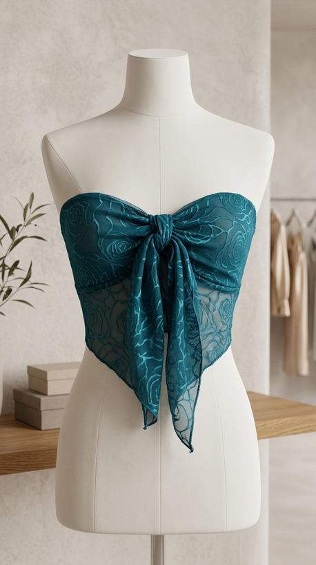 نیمتنه دکلته توری طرح گل (Floral Mesh Bandeau Crop Top)