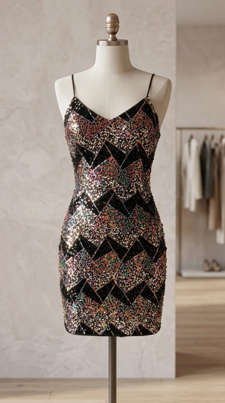 پیراهن کوتاه مجلسی پولکدوزی شده (Sequin Geo-Pattern Mini Dress)