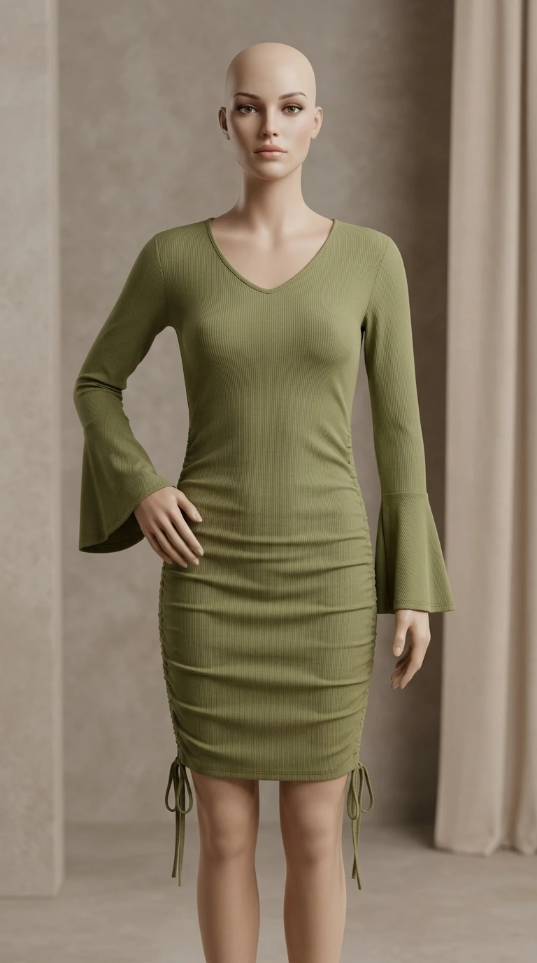 پیراهن جذب کوتاه با آستین کلوش و بند تنظیم (Ruched Mini Dress with Flare Sleeves)