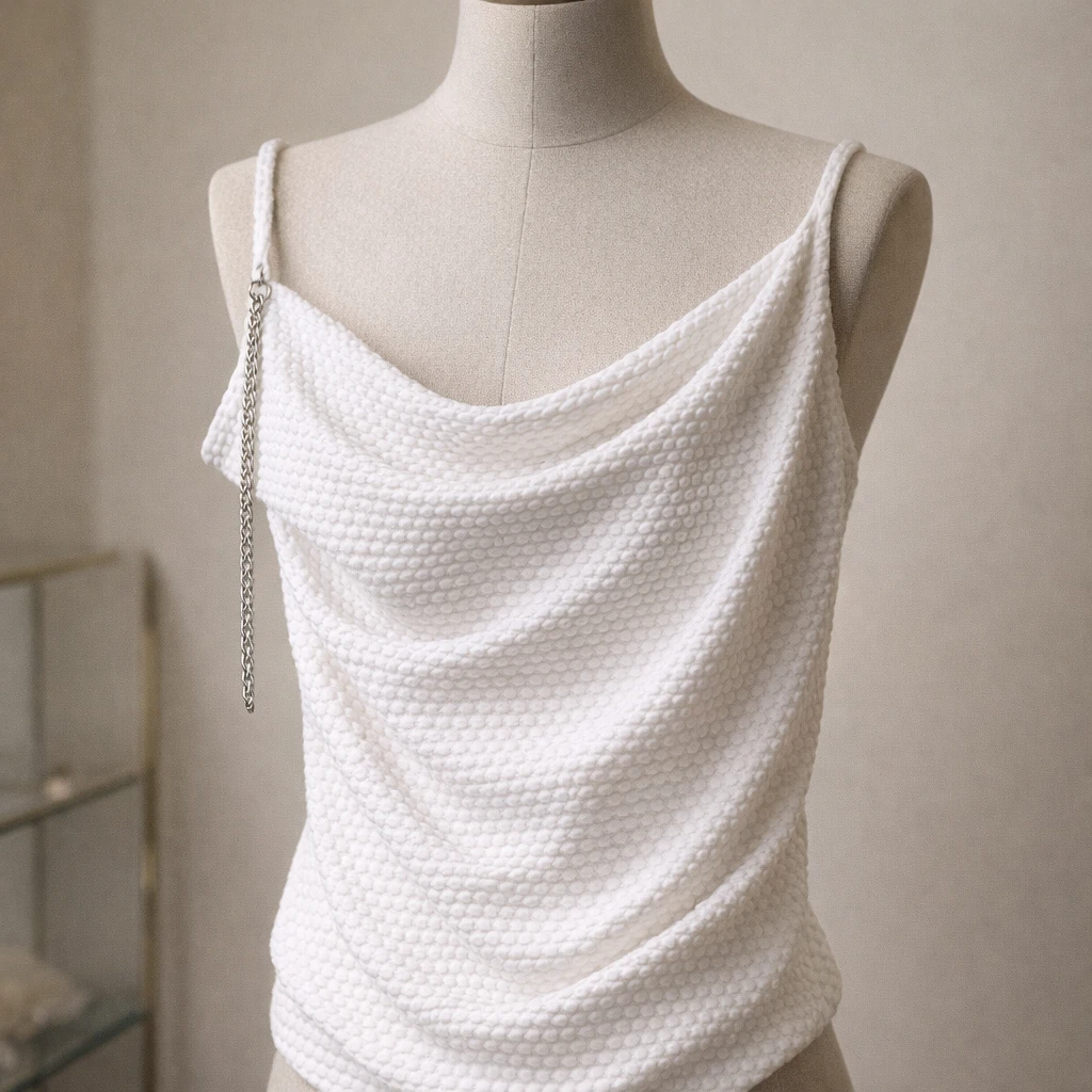 تاپ یقه دراپه با بند زنجیری (White Cowl-Neck Chain Top)