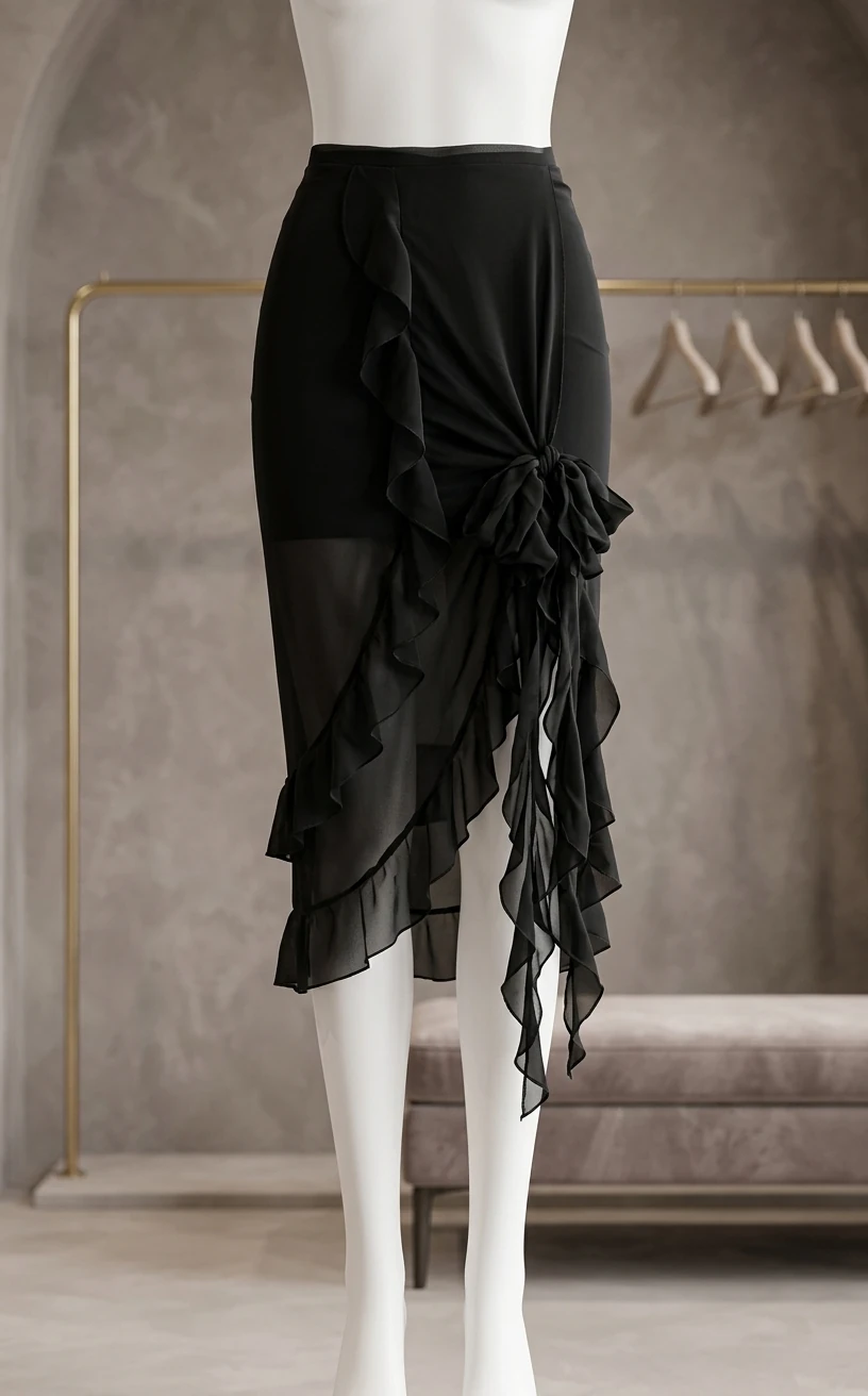 دامن میدی مشکی با جزئیات دراپه و چین‌دار با تور (Black Ruffled Drape Midi Skirt)