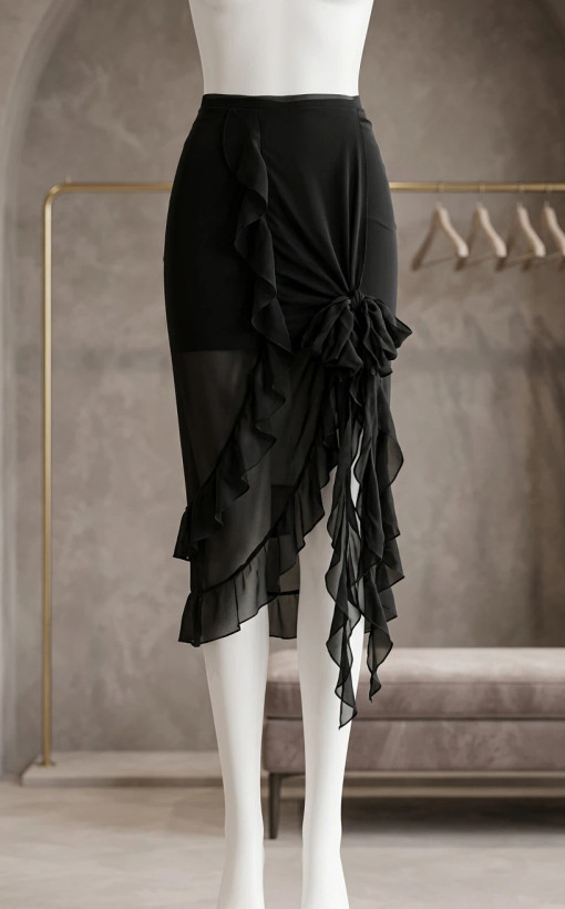 دامن میدی مشکی با جزئیات دراپه و چیندار با تور (Black Ruffled Drape Midi Skirt)