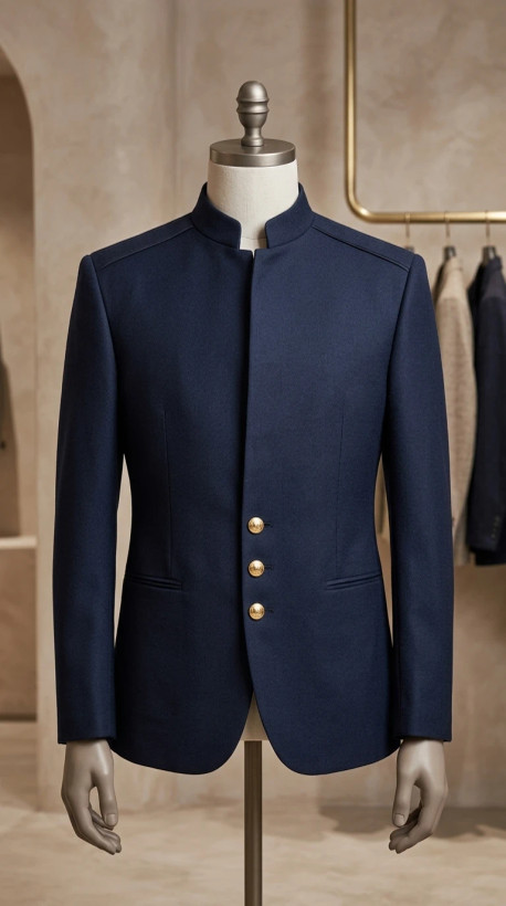 کت تک مردانه یقه دیپلمات (سرمهای با دکمههای طلایی) – Navy Blue Mandarin Collar Blazer