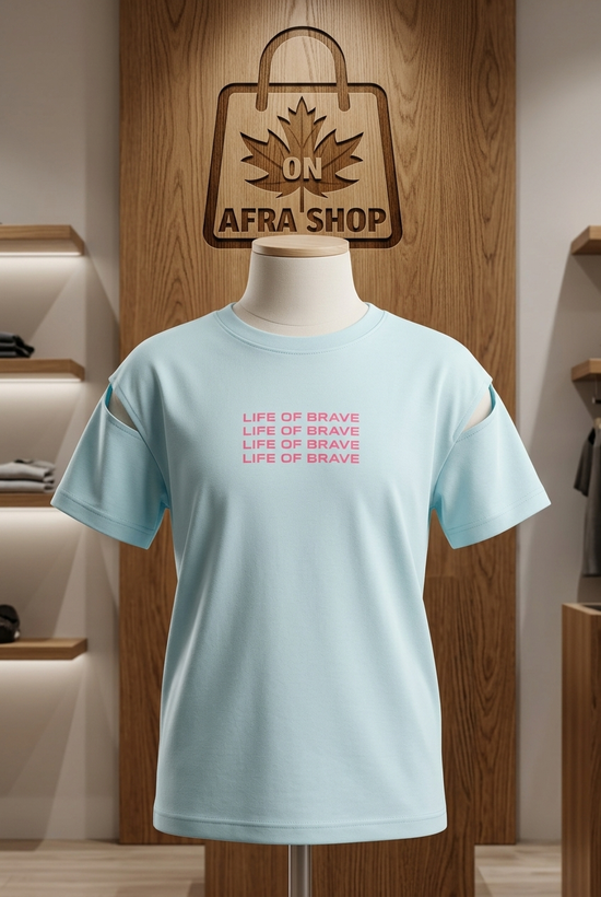 تیشرت دخترانه طرح «LIFE OF BRAVE» (آبی پاستلی) – Women’s Cut-Out Tee