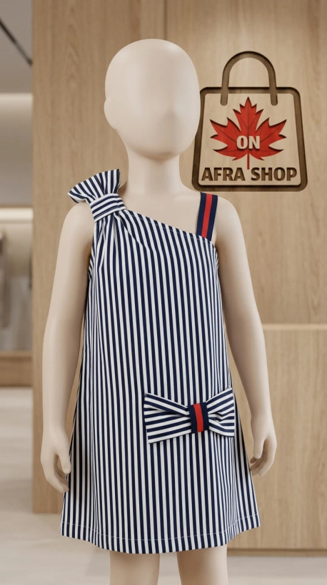 سارافون دخترانه راهراه (مدل یکطرفه پاپیوندار) – Girls Striped One-Shoulder Dress