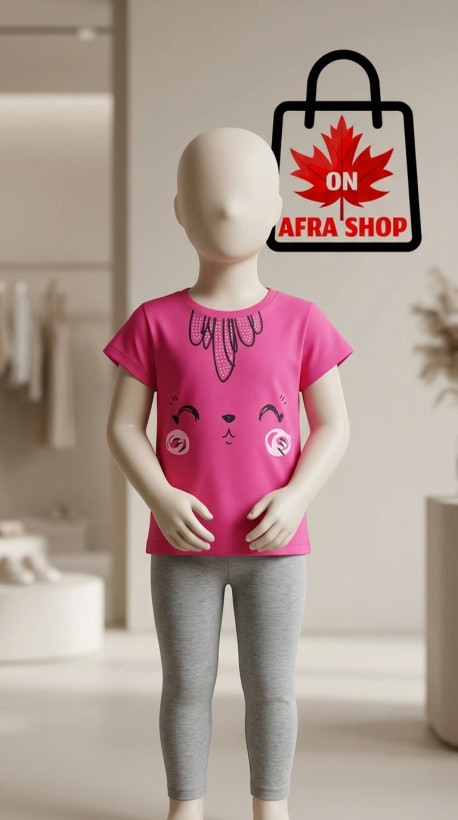 ست دخترانه طرح «خرگوش ملوس» (صورتی و طوسی) – Girls’ Cute Bunny T-Shirt & Leggings Set