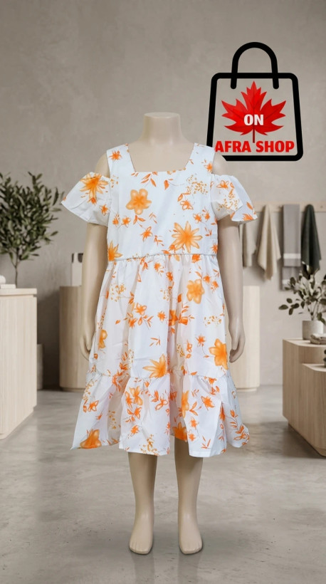 پیراهن دخترانه گلدار مدل سرشانه باز (سفید و نارنجی) – Girls’ Floral Cold-Shoulder Dress