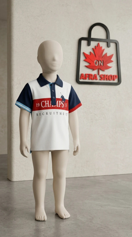 پولوشرت پسرانه مدل «Champs 1915» (سفید و سرمهای) – Boys’ Sporty Polo Shirt