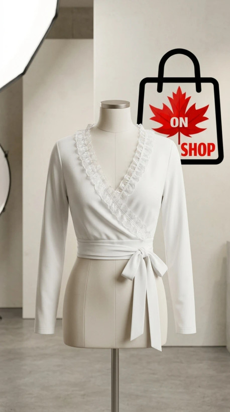 بلوز زنانه مدل چپ و راستی (Wrap) توریدار – Women’s White Lace Trim Wrap Top