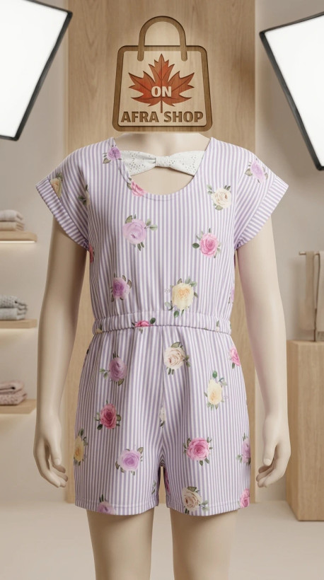 رامپر (سرهمی) دخترانه راهراه گلدار مدل یقه پاپیونی – Girls’ Floral Striped Summer Romper