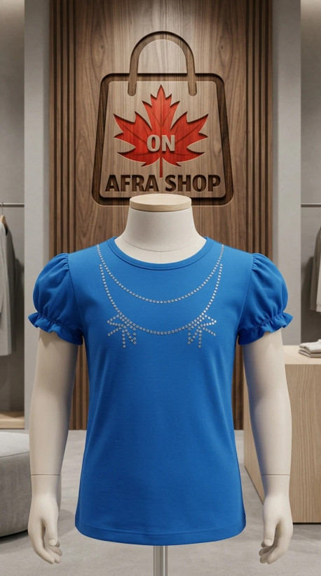 تیشرت دخترانه آبی رویال مدل آستین پفی نگیندار – Girls’ Royal Blue Puff Sleeve Rhinestone Tee