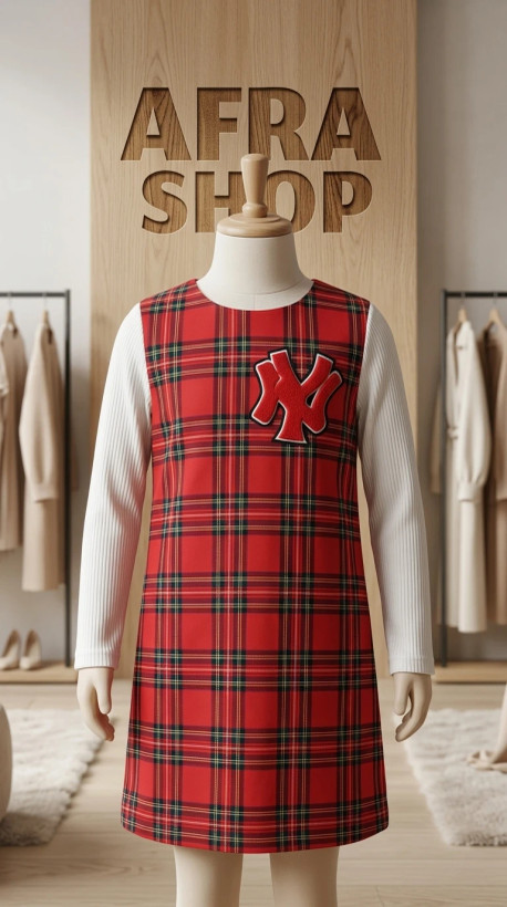 سارافون دخترانه چهارخانه قرمز طرح NY به همراه زیرسارافونی – Girls’ Plaid Pinafore Dress with NY Patch