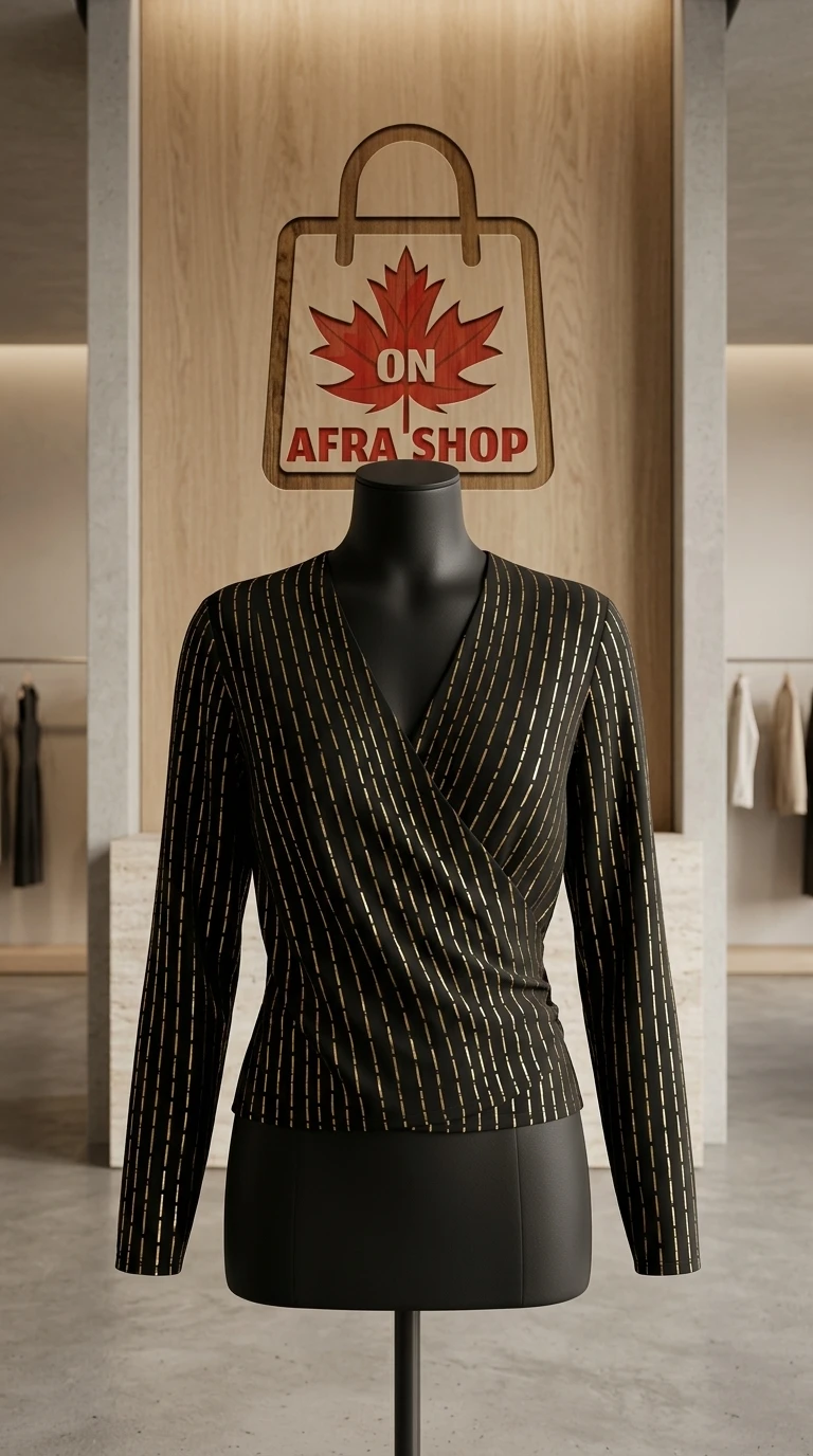 بلوز زنانه چپ و راستی (Wrap) مشکی با خطوط طلایی – Women’s Black & Gold Metallic Wrap Top
