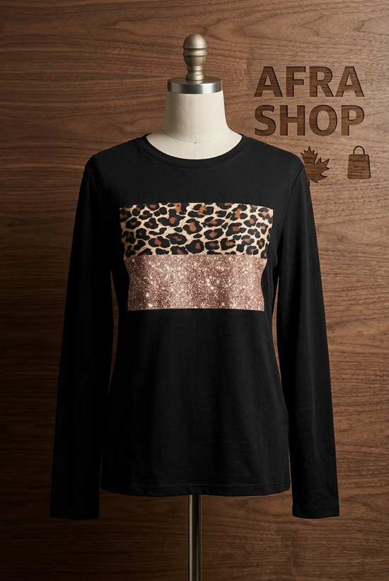 بلوز آستینبلند زنانه طرح ترکیبی پلنگی و اکلیلی – Women’s Leopard & Glitter Graphic Tee
