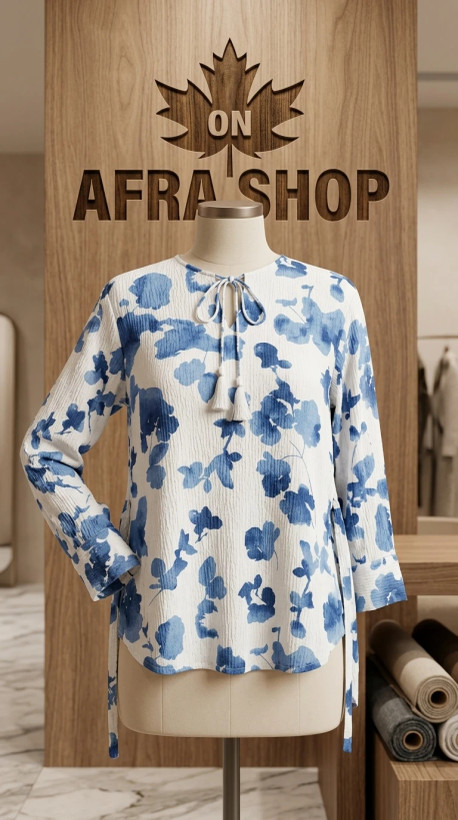 شومیز زنانه طرح آبرنگی گلآبی – Women’s Watercolor Floral Blouse with Tassel Detail