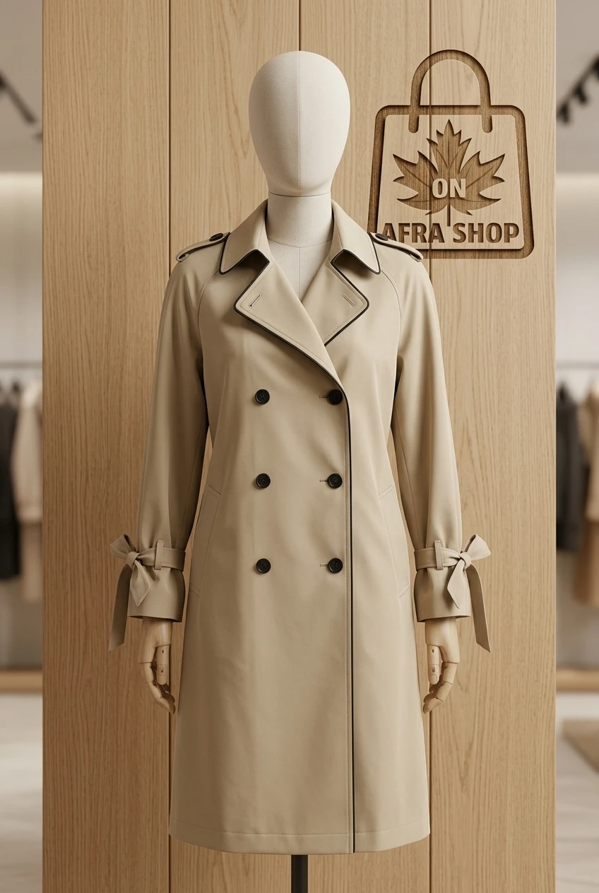 بارانی کلاسیک زنانه دو ردیف دکمه (Double-Breasted) کرم – Women’s Classic Beige Trench Coat