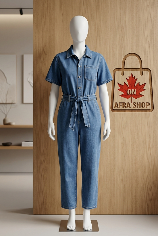 سرهمی جین اسپرت آستین کوتاه کمربنددار – Women’s Denim Jumpsuit with Tie-Waist