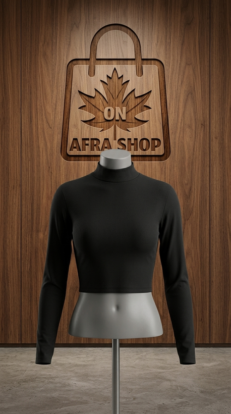 نیمتنه (کراپتاپ) آستین بلند یقه ایستاده مشکی – Women’s Black Mock Neck Long Sleeve Crop Top