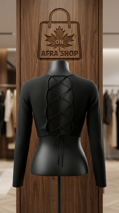 نیمتنه (کراپتاپ) آستین بلند یقه ایستاده مشکی – Women’s Black Mock Neck Long Sleeve Crop Top