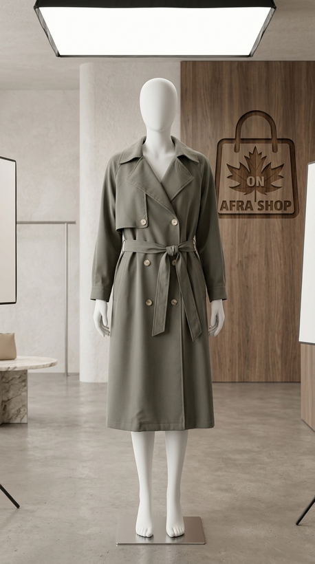 مانتو کلاسیک زنانه دو ردیف دکمه (سبز زیتونی) – Women’s Classic Double-Breasted Trench Coat in Olive