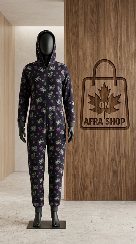سرهمی کلاهدار راحتی طرحدار (سرمهای) – Women’s Hooded Fleece Onesie / Loungewear Jumpsuit