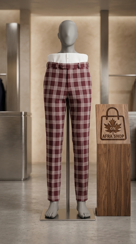 شلوار پسرانه چهارخانه زرشکی اسلیم فیت – Men’s Burgundy Plaid Slim Fit Pants