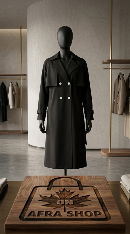 مانتو کلاسیک زنانه دبلبرست (مشکی) – Women’s Classic Black Double-Breasted Trench Coat