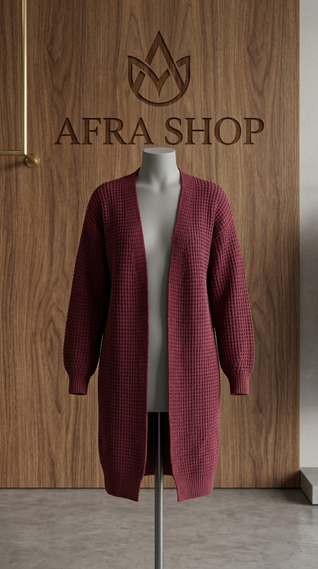 پلیور ژاکت بافت بلند زنانه مدل وافلی (زرشکی) – Women’s Waffle Knit Long Cardigan